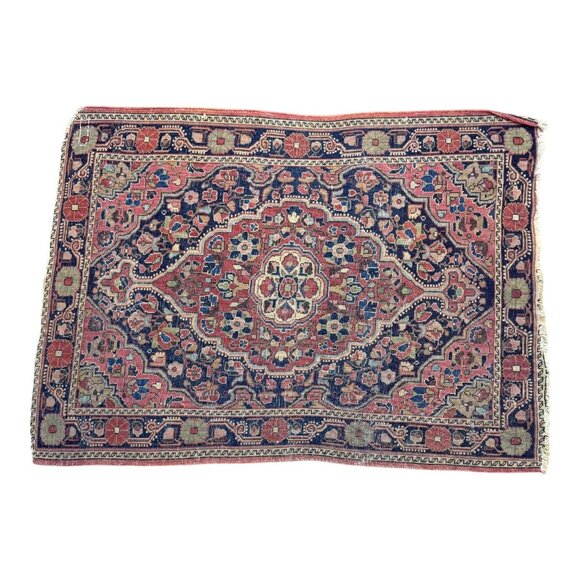 Vintage Tabriz Wool Silk Hand Knotted Area Rug 34X25 Red & Navy Floral Medallion - Picture 3 of 4